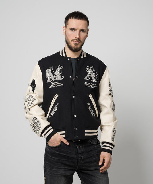 Veste Varsity Noir & Crème – Patchs Artistiques